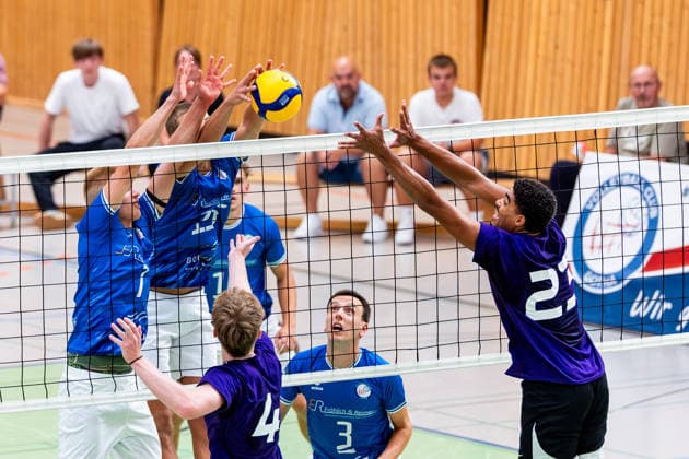 August 27, 2026, GER, Volleyball, Men, Season 26–27, 2nd Division South, 1st Division, Exhibition Match, Blue Volleys Gotha vs. Cerebricks Volley Goats Central Germany, Hannes Krochmann, Blue Volleys Gotha, 7, Hannes Krausse, Blue Volleys Gotha, 4, Tom Borchert, Cerebricks Volley Goats Central Germany, Rico Wardlow, Cerebricks Volley Goats Central Germany, 99867 Gotha, Sports Hall, Ernesti Sports Complex, Thuringia, Germany