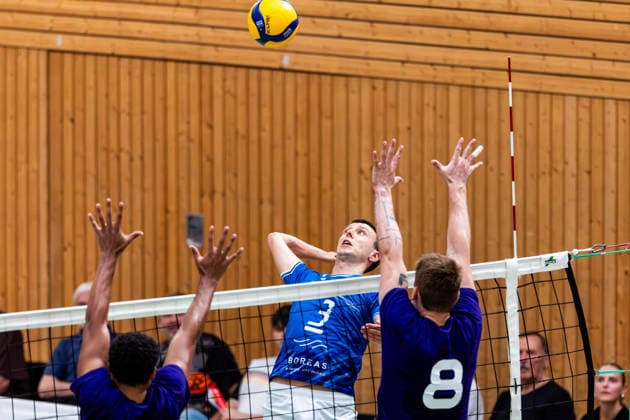 August 27, 2026, GER, Volleyball, Men, Season 26–27, 2nd Division South vs. 1st Division, Exhibition Match, Blue Volleys Gotha vs. Cerebricks Volley Goats Central Germany, Rico Wardlow (Cerebricks Volley Goats Central Germany), Christoph Assmann (Blue Volleys Gotha), 3, Jacob Harris, Cerebricks Volley Goats Mitteldeutschland 99867, Gotha Sports Hall, Ernesti Sports Complex, Thuringia, Germany