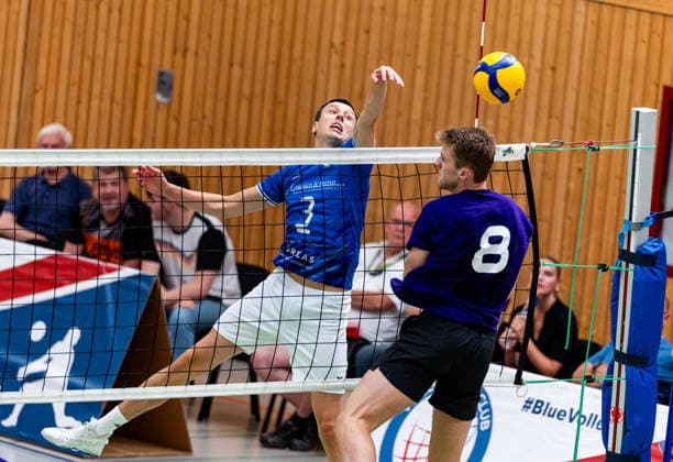 August 27, 2026, GER, Volleyball, Men, Season 26–27, 2 Bl South 1 Bl, Exhibition Match, Blue Volleys Gotha vs. Cerebricks Volley Goats Central Germany, Christoph Assmann (Blue Volleys Gotha), 3, Jacob Harris (Cerebricks Volley Goats Central Germany), 99867 Gotha, Ernesti Sports Complex, Thuringia, Germany