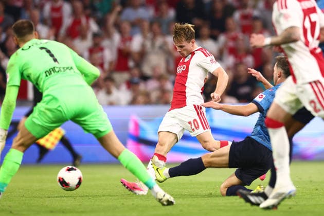 AMSTERDAM, NETHERLANDS - AUGUST 27: Oliver Edvardsen of Ajax scoring the 5-2 during the UEFA Conference League match between Ajax and FC Sion at Johan Cruijff Arena on August 27, 2026 in Amsterdam, Netherlands.  Copyright: xMTB MBxMediax