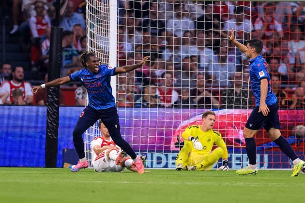 AMSTERDAM, NETHERLANDS - AUGUST 27: Josias Lukembila of FC Sion celebrates after scoring his team s first goal during the UEFA Conference League 2026 27 Play Off Round Second Leg match between AFC Ajax and FC Sion at the Johan Cruijff ArenA on August 27, 2026 in Amsterdam, Netherlands.  Copyright: xRenexNijhuis MBxMediax