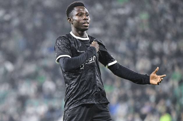 Gent s El Hadji Seck celebrates after a goal during a soccer game between Scottish team Hibernian FC and Belgian soccer team KAA Gent, Thursday 27 August 2026 in Edinburgh, on the return leg of the play-off round for the UEFA Conference League league phase. TOMxGOYVAERT  x184519262x