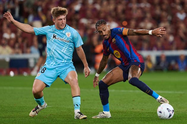 ESP LaLiga EA Sports FC Barcelona vs. Athletic Bilbao: Mikel Jauregizar of Athletic and Raphinha of FC Barcelona during the LaLiga EA Sports match between FC Barcelona and Athletic Bilbao, played at Spotify Camp Nou Stadium in Barcelona on August 27, 2026, in Spain. Spanish Soccer Copyright: xAgenciaxLOFx