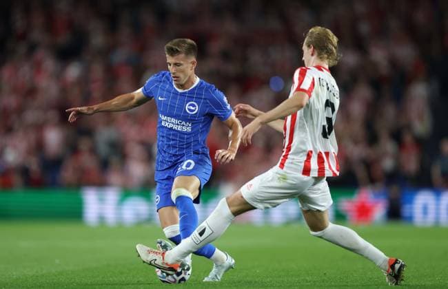 UEFA Conference League Qualification Play Off 2nd Leg - Brighton & Hove Albion v Tromso BRIGHTON, ENGLAND, AUGUST 27: Costinha of Brighton & Hove Albion battles for the ball with Mathias Tonnessen of Tromso during the UEFA Conference League Qualification Play Off 2nd Leg match between Brighton & Hove Albion v Tromso at The AMEX Community Stadium, Brighton on 27 August. (Photo by Daniel Weir) Brighton AMEX Community Stadium United Kingdom Copyright: xDanielxWeir SportsxPressxPhotox Sportspressphoto_SPR217334