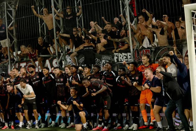 27.08.2026 Rijeka(Croatia) HNK Rijeka-FC Midtjylland Play off Conference League men s football FC Midtjylland team-players with fans celebrate victory after match :