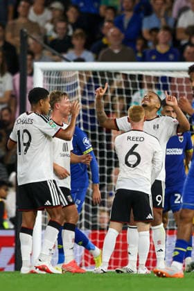 LONDON, ENGLAND, AUGUST 27: Rodrigo Muniz Scores making it 2-0 during the Carabao Cup, English League Cup 2nd round match between Fulham and AFC Wimbledon at Craven Cottage in London, England. (Photo by Alex Ferrelly Sports Press Photo) Copyright: xAlexxFerrelly SportsxPressxPhotox Sportspressphoto_SPR217426