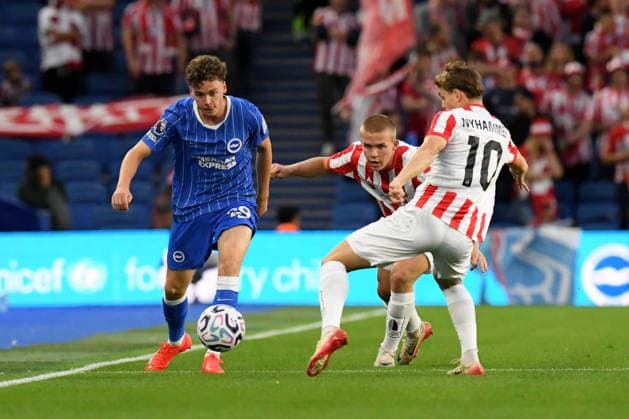 Brighton and Hove Albion v Tromso, UEFA Conference League Maxim De Cuyper Defender of Brighton and Hove Albion and Troy Nyhammer Midfielder of Tromso IL in action during the UEFA Conference League match between Brighton and Hove Albion and Tromso at the American Express Stadium, Brighton and Hove, UK on 27 August 2026. Brighton and Hove American Express Stadium East Sussex UK Editorial use only , Copyright: xJeffxMoodx PSI-24752-0049