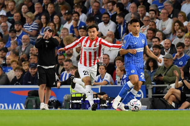 Brighton and Hove Albion v Tromso, UEFA Conference League Alexander Warneryd Defender of Tromso IL and Diego Gomez Midfielder of Brighton and Hove Albion in action during the UEFA Conference League match between Brighton and Hove Albion and Tromso at the American Express Stadium, Brighton and Hove, UK on 27 August 2026. Brighton and Hove American Express Stadium East Sussex UK Editorial use only , Copyright: xJeffxMoodx PSI-24752-0050