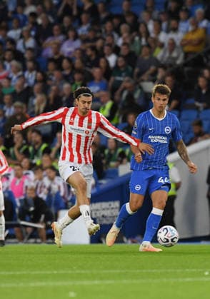 Brighton and Hove Albion v Tromso, UEFA Conference League Heine Asen Larsen Midfielder of tromso IL and Luka Vuskovic Defender of Brighton and Hove Albion in action during the UEFA Conference League match between Brighton and Hove Albion and Tromso at the American Express Stadium, Brighton and Hove, UK on 27 August 2026. Brighton and Hove American Express Stadium East Sussex UK Editorial use only , Copyright: xJeffxMoodx PSI-24752-0051
