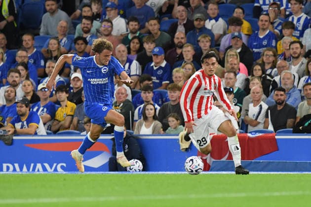 Brighton and Hove Albion v Tromso, UEFA Conference League Matts Wieffer Midfielder of Brighton and Hove Albion and Alexander Warneryd Defender of Tromso IL in action during the UEFA Conference League match between Brighton and Hove Albion and Tromso at the American Express Stadium, Brighton and Hove, UK on 27 August 2026. Brighton and Hove American Express Stadium East Sussex UK Editorial use only , Copyright: xJeffxMoodx PSI-24752-0062