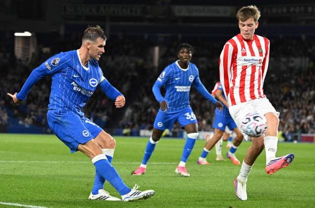 Pascal Gross of Brighton tries to chip in a cross during the Europa Conference League Qualifying match between Brighton and Hove Albion and Tromso at the American Express Stadium, Brighton UK - Thursday 27th August 2026 Brighton v Tromso Europa Conference League 2026, Amex Stadium, Sussex, UK - 27 Aug 2026Brighton Amex Stadium Sussex United Kingdom Editorial use only. No merchandising. For Football images FA and Premier League restrictions apply inc. no internet mobile usage without FAPL license - for details contact Football Dataco  Copyright: xLizxFinlayson TPI Shutterstockx 17121964cn