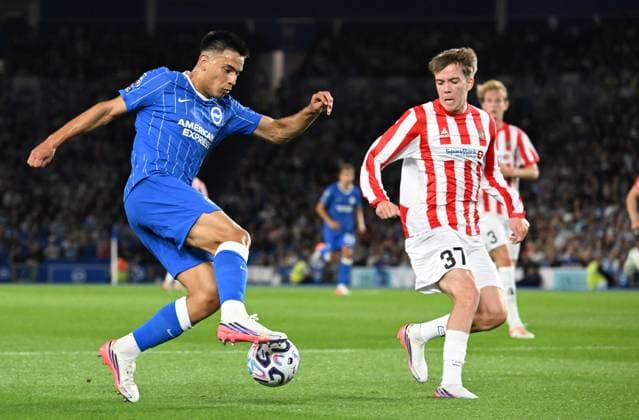 Diego Gomez of Brighton tires to find a way past Sander Havik Innvoer of Tromso during the Europa Conference League Qualifying match between Brighton and Hove Albion and Tromso at the American Express Stadium, Brighton UK - Thursday 27th August 2026 Brighton v Tromso Europa Conference League 2026, Amex Stadium, Sussex, UK - 27 Aug 2026Brighton Amex Stadium Sussex United Kingdom Editorial use only. No merchandising. For Football images FA and Premier League restrictions apply inc. no internet mobile usage without FAPL license - for details contact Football Dataco  Copyright: xLizxFinlayson TPI Shutterstockx 17121964ca