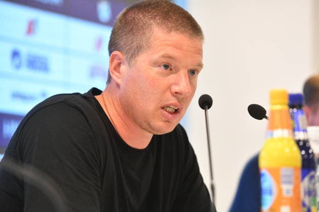 Rijeka, Croatia, 270826. Rujevica Stadium. Midtjylland coach Mike Tullberg at the press conference, PK, Pressekonferenz after at the return match of the UEFA Conference League play-off, Rijeka - Midtjylland. Foto: Damir Skomrlj CROPIX Hrvatska Copyright: xxDamirxSkomrljx xCROPIXx rijeka_midtjylland35-270826
