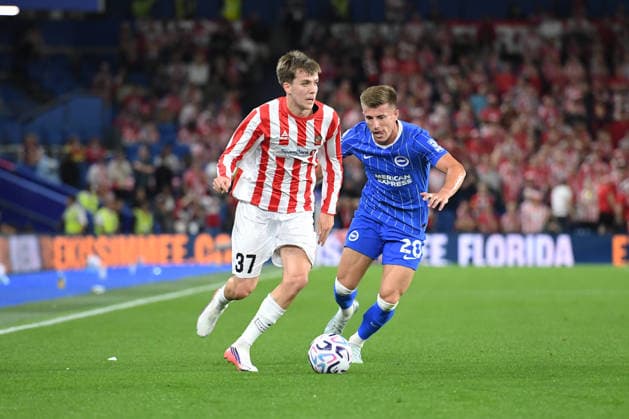 Brighton and Hove Albion v Tromso, UEFA Conference League Sander Havik Innvaer Midfielder of Tromso IL and Joao Costinha Defender of Brighton and Hove Albion in action during the UEFA Conference League match between Brighton and Hove Albion and Tromso at the American Express Stadium, Brighton and Hove, UK on 27 August 2026. Brighton and Hove American Express Stadium East Sussex UK Editorial use only , Copyright: xJeffxMoodx PSI-24752-0118