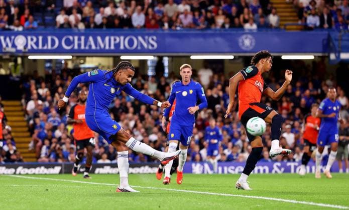 Malo Gusto of Chelsea shoots Chelsea v Luton Town, EFL Carabao Cup, Second Round, Football, Stamford Bridge, London, UK - 27 Aug 2026London Stamford Bridge United Kingdom EDITORIAL USE ONLY No use with unauthorised audio, video, data, fixture lists, club league logos or live services. Online in-match use limited to 120 images, no video emulation. No use in betting, games or single club league player publications.  Copyright: xMichaelxZemanek Shutterstockx 17118945bu