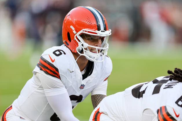 CLEVELAND, OH - AUGUST 27: Cleveland Browns quarterback Dillon Gabriel (6) on the field prior to the National Football League preseason game between the New England Patriots and Cleveland Browns on August 27, 2026, at Huntington Bank Field in Cleveland, OH. (Photo by Frank Jansky Icon Sportswire) NFL, American Football Herren, USA AUG 27 Patriots at Browns EDITORIAL USE ONLY Icon260827001