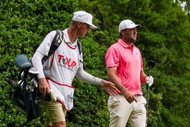 August 27, 2026, Atlanta, Georgia, USA: Scottie Scheffler (USA)(R) and his caddie Ted Scott walk off the 12th tee during the first round of the 2026 TOUR Championship at East Lake Golf Club. Atlanta USA - ZUMAw109 20260827_fap_w109_031 Copyright: xDebbyxWongx