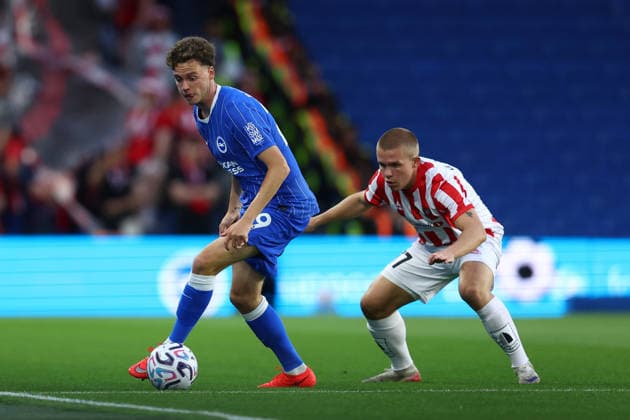 Brighton and Hove, England, 27th August 2026. Maxim De Cuyper of Brighton & Hove Albion under pressure from Isak Dahlqvist of Tromso during the Brighton and Hove Albion vs Tromso UEFA Conference League match at the AMEX Stadium, Brighton and Hove. Picture credit should read: Paul Terry Sportimage EDITORIAL USE ONLY. No use with unauthorised audio, video, data, fixture lists, club league logos or live services. Online in-match use limited to 120 images, no video emulation. No use in betting, games or single club league player publications. SPI_194_PT_Brighton_Tromso SPI-4938-0194