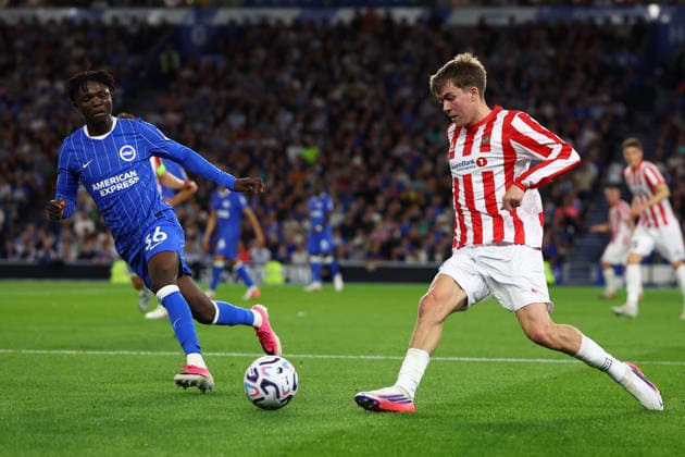 Brighton and Hove, England, 27th August 2026. Sander Innvaer of Tromso plays the ball under pressure from Zadok Yohanna of Brighton & Hove Albion during the Brighton and Hove Albion vs Tromso UEFA Conference League match at the AMEX Stadium, Brighton and Hove. Picture credit should read: Paul Terry Sportimage EDITORIAL USE ONLY. No use with unauthorised audio, video, data, fixture lists, club league logos or live services. Online in-match use limited to 120 images, no video emulation. No use in betting, games or single club league player publications. SPI_237_PT_Brighton_Tromso SPI-4938-0237