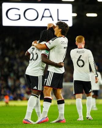 Gonzalo Garcia of Fulham celebrates scoring a goal after making it 3-0 with Macaulay Zepa Fulham v AFC Wimbledon, EFL Carabao Cup, Second Round, Football, Craven Cottage, London, UK - 27 Aug 2026London Craven Cottage United Kingdom EDITORIAL USE ONLY No use with unauthorised audio, video, data, fixture lists, club league logos or live services. Online in-match use limited to 120 images, no video emulation. No use in betting, games or single club league player publications.  Copyright: xJavierxGarcia Shutterstockx 17118946cw