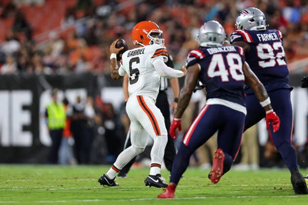 CLEVELAND, OH - AUGUST 27: Cleveland Browns quarterback Dillon Gabriel (6) throws a pass during the first quarter of the National Football League preseason game between the New England Patriots and Cleveland Browns on August 27, 2026, at Huntington Bank Field in Cleveland, OH. (Photo by Frank Jansky Icon Sportswire) NFL, American Football Herren, USA AUG 27 Patriots at Browns EDITORIAL USE ONLY Icon260827005