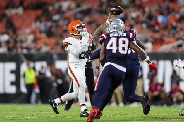 CLEVELAND, OH - AUGUST 27: Cleveland Browns quarterback Dillon Gabriel (6) throws a pass during the first quarter of the National Football League preseason game between the New England Patriots and Cleveland Browns on August 27, 2026, at Huntington Bank Field in Cleveland, OH. (Photo by Frank Jansky Icon Sportswire) NFL, American Football Herren, USA AUG 27 Patriots at Browns EDITORIAL USE ONLY Icon260827006