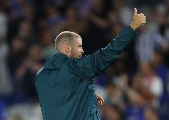 UEFA Conference League Qualification Play Off 2nd Leg - Brighton & Hove Albion v Tromso BRIGHTON, ENGLAND, AUGUST 27: Fabian Hurzeler Manager of Brighton & Hove Albion gives the thumbs up to the Brighton & Hove Albion fans after the victory during the UEFA Conference League Qualification Play Off 2nd Leg match between Brighton & Hove Albion v Tromso at The AMEX Community Stadium, Brighton on 27 August. (Photo by Daniel Weir) Brighton AMEX Community Stadium United Kingdom Copyright: xDanielxWeir SportsxPressxPhotox Sportspressphoto_SPR217612