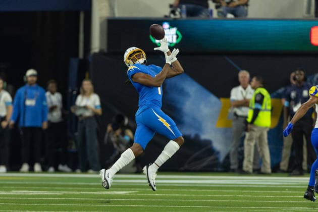 INGLEWOOD, CA - AUGUST 27: Quentin Johnston 1 of the Los Angeles Chargers catches a touchdown pass in the first half of an NFL, American Football Herren, USA preseason game between the Los Angeles Rams and the Los Angeles Chargers on August 27, 2026, at SoFi Stadium in Inglewood, California. (Photo by Greg Fiore Icon Sportswire) NFL: AUG 27 Rams at Chargers EDITORIAL USE ONLY Icon2608270976