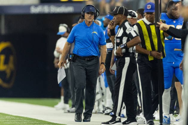 INGLEWOOD, CA - AUGUST 27: Jim Harbaugh of the Los Angeles Chargers walks the sideline during an NFL, American Football Herren, USA preseason game between the Los Angeles Rams and the Los Angeles Chargers on August 27, 2026, at SoFi Stadium in Inglewood, California. (Photo by Greg Fiore Icon Sportswire) NFL: AUG 27 Rams at Chargers EDITORIAL USE ONLY Icon2608271106