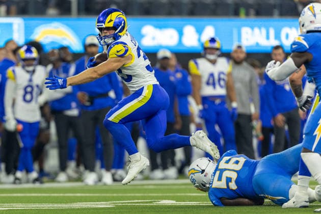 INGLEWOOD, CA - AUGUST 27: Dean Connors 33 of the Los Angeles Rams breaks tackle and gains yards for a first down during an NFL, American Football Herren, USA preseason game between the Los Angeles Rams and the Los Angeles Chargers on August 27, 2026, at SoFi Stadium in Inglewood, California. (Photo by Greg Fiore Icon Sportswire) NFL: AUG 27 Rams at Chargers EDITORIAL USE ONLY Icon2608271190
