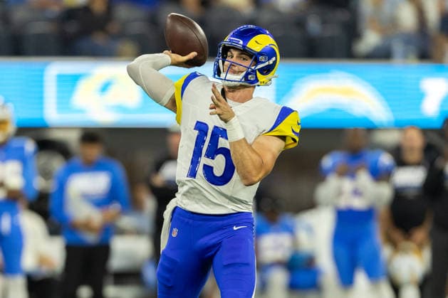 INGLEWOOD, CA - AUGUST 27: Ty Simpson 15 of the Los Angeles Rams throws a pass during an NFL, American Football Herren, USA preseason game between the Los Angeles Rams and the Los Angeles Chargers on August 27, 2026, at SoFi Stadium in Inglewood, California. (Photo by Greg Fiore Icon Sportswire) NFL: AUG 27 Rams at Chargers EDITORIAL USE ONLY Icon2608271312