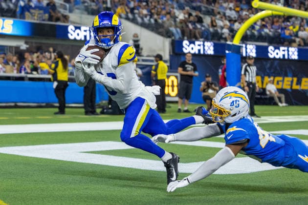 INGLEWOOD, CA - AUGUST 27: Brennan Presley 81 of the Los Angeles Rams catches the ball for a touchdown in the first half of an NFL, American Football Herren, USA preseason game between the Los Angeles Rams and the Los Angeles Chargers on August 27, 2026, at SoFi Stadium in Inglewood, California. (Photo by Greg Fiore Icon Sportswire) NFL: AUG 27 Rams at Chargers EDITORIAL USE ONLY Icon2608271355