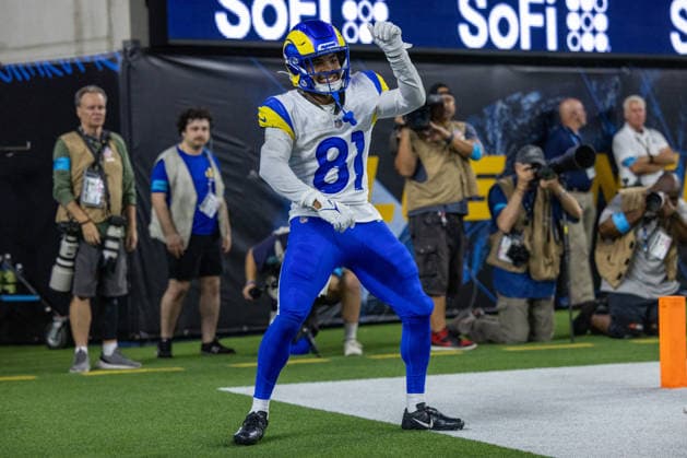 INGLEWOOD, CA - AUGUST 27: Brennan Presley 81 of the Los Angeles Rams celebrates a touchdown during an NFL, American Football Herren, USA preseason game between the Los Angeles Rams and the Los Angeles Chargers on August 27, 2026, at SoFi Stadium in Inglewood, California. (Photo by Greg Fiore Icon Sportswire) NFL: AUG 27 Rams at Chargers EDITORIAL USE ONLY Icon2608271417