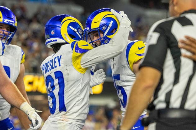INGLEWOOD, CA - AUGUST 27: Brennan Presley 81 of the Los Angeles Rams celebrates a touchdown with Ty Simpson 15 during an NFL, American Football Herren, USA preseason game between the Los Angeles Rams and the Los Angeles Chargers on August 27, 2026, at SoFi Stadium in Inglewood, California. (Photo by Greg Fiore Icon Sportswire) NFL: AUG 27 Rams at Chargers EDITORIAL USE ONLY Icon2608271452