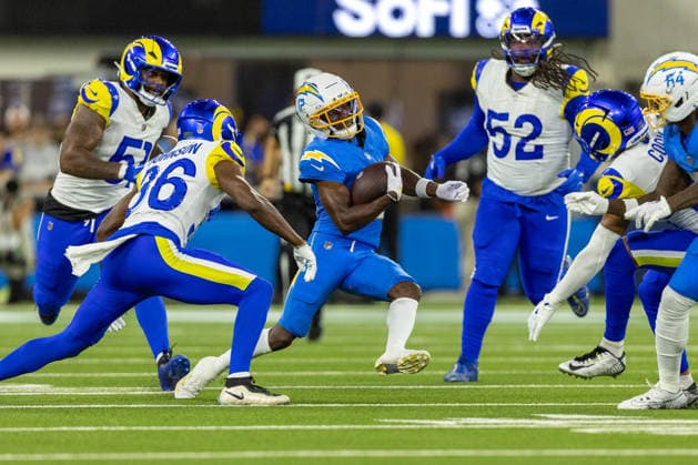 INGLEWOOD, CA - AUGUST 27: Derius Davis 12 of the Los Angeles Chargers carries the ball during an NFL, American Football Herren, USA preseason game between the Los Angeles Rams and the Los Angeles Chargers on August 27, 2026, at SoFi Stadium in Inglewood, California. (Photo by Greg Fiore Icon Sportswire) NFL: AUG 27 Rams at Chargers EDITORIAL USE ONLY Icon2608271474