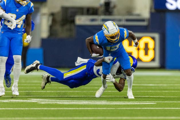 INGLEWOOD, CA - AUGUST 27: Derius Davis 12 of the Los Angeles Chargers carries the ball during an NFL, American Football Herren, USA preseason game between the Los Angeles Rams and the Los Angeles Chargers on August 27, 2026, at SoFi Stadium in Inglewood, California. (Photo by Greg Fiore Icon Sportswire) NFL: AUG 27 Rams at Chargers EDITORIAL USE ONLY Icon2608271483