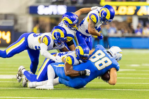 August 27, 2026, Inglewood, California, USA: Los Angeles Rams Wide Receiver Jordan Whittington (88) is brought down by Los Angeles Chargers during an NFL, American Football Herren, USA football preseason game, in Inglewood, Calif. on Thursday August 27, 2026. Inglewood USA - ZUMAc68_ 20260827_zaf_c68_001 Copyright: xRingoxChiux