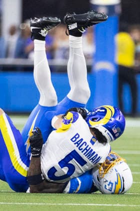 August 27, 2026, Inglewood, California, USA: Los Angeles Rams Wide Receiver Alex Bachman (5) is brought down by Los Angeles Chargers Linebacker Del Shawn Phillips (53) during an NFL, American Football Herren, USA football preseason game, in Inglewood, Calif. on Thursday August 27, 2026. Inglewood USA - ZUMAc68_ 20260827_zaf_c68_005 Copyright: xRingoxChiux