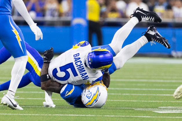August 27, 2026, Inglewood, California, USA: Los Angeles Rams Wide Receiver Alex Bachman (5) is brought down by Los Angeles Chargers Linebacker Del Shawn Phillips (53) during an NFL, American Football Herren, USA football preseason game, in Inglewood, Calif. on Thursday August 27, 2026. NHL, Eishockey Herren, USA 2026: LA Chargers Vs LA Rams  - ZUMAc68_ 20260827_zaf_c68_007 Copyright: xRingoxChiux