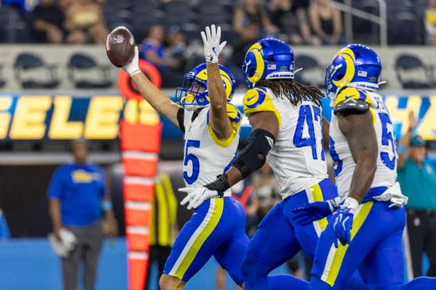 August 27, 2026, Inglewood, California, USA: Los Angeles Rams Safety Nick Andersen (45) celebrates after an interception against Los Angeles Chargers during an NFL, American Football Herren, USA football preseason game, in Inglewood, Calif. on Thursday August 27, 2026. NHL, Eishockey Herren, USA 2026: LA Chargers Vs LA Rams  - ZUMAc68_ 20260827_zaf_c68_009 Copyright: xRingoxChiux