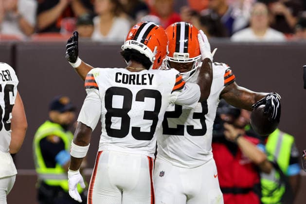 CLEVELAND, OH - AUGUST 27: Cleveland Browns running back Ahmani Marshall (23) is congratulated by Cleveland Browns wide receiver Malachi Corley (83) after scoring on a 7-yard touchdown catch during the second quarter of the National Football League preseason game between the New England Patriots and Cleveland Browns on August 27, 2026, at Huntington Bank Field in Cleveland, OH. (Photo by Frank Jansky Icon Sportswire) NFL, American Football Herren, USA AUG 27 Patriots at Browns EDITORIAL USE ONLY Icon260827025