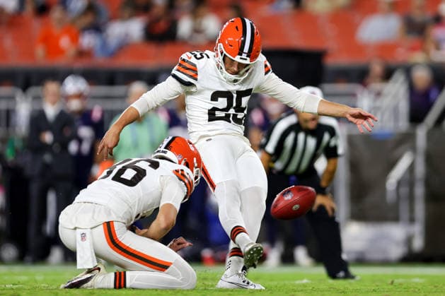 CLEVELAND, OH - AUGUST 27: Cleveland Browns running back Ahmani Marshall (23) kicks a 23-yard field goal out of the holds of Cleveland Browns punter Wes Pahl (36) during the fourth quarter of the National Football League preseason game between the New England Patriots and Cleveland Browns on August 27, 2026, at Huntington Bank Field in Cleveland, OH. (Photo by Frank Jansky Icon Sportswire) NFL, American Football Herren, USA AUG 27 Patriots at Browns EDITORIAL USE ONLY Icon260827035