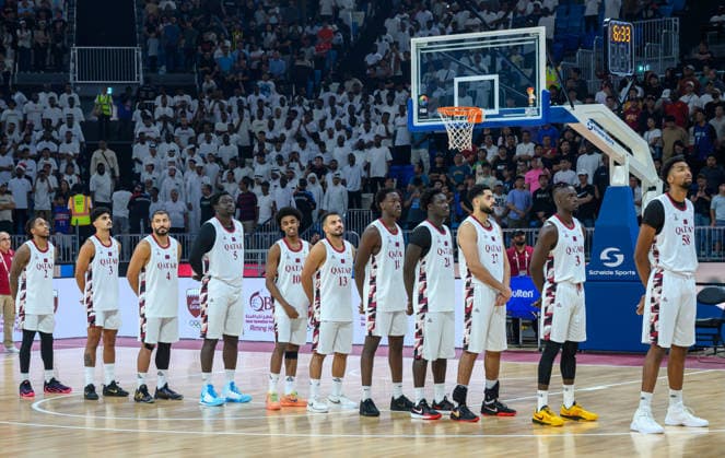 Qatar v China - FIBA Basketball World Cup 2027 Asian Qualifiers Qatari players stands for their national anthem before the FIBA Basketball World Cup 2027 Second Round Group F Asian Qualifiers game between Qatar and China at Al Janoub Stadium in Al Wakrah, Qatar, August 27, 2026. DOHA Qatar Copyright: xNOUSHADx