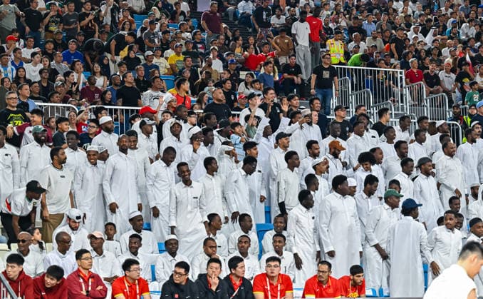 Qatar v China - FIBA Basketball World Cup 2027 Asian Qualifiers Fans of team Qatar during the second-round match between China and Qatar in the FIBA Basketball World Cup Asian Qualifiers at Al Janoub Stadium in Al Wakrah, Qatar, August 27, 2026. DOHA Qatar Copyright: xNOUSHADx