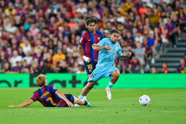 FC Barcelona, Barca v ATHLETIC CLUB DE BILBAO SPOTIFY CAMP NOU. BARCELONA Aug 27,2026 FC BARCELONA vs ATHLETIC CLUB DE BILBAO AUG 27 ,2026 Fermin (7) of FC Barcelona vies with Johaneko (31) of Athletic Club de Bilbao during the match between FC Barcelona and Athletic Club de Bilbao corresponding to the first day (postponed match) of La Liga EA Sports at at Spotify Camp Nou in Barcelona, Spain. Barcelona ESP Copyright: xS.xRosx