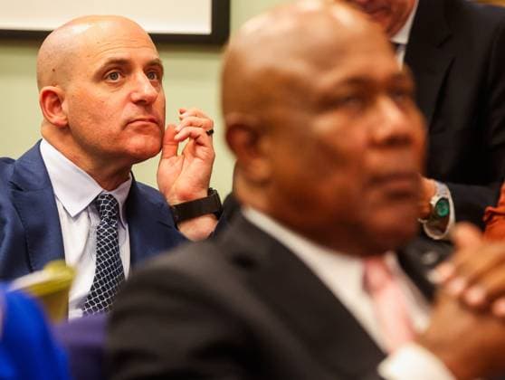 August 27, 2026, Tampa, Florida, USA: Tampa Bay Rays CEO Ken Babby, left, looks on with Hillsborough College President Ken Atwater , in front, as the Tampa City Council discuses before the vote to approve the Rays stadium plan at Old City Hall on Thursday, Aug. 27, 2026 in Tampa. Tampa USA - ZUMAs70_ 0865083597st Copyright: xDirkxShaddx