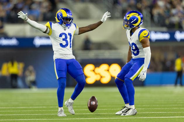INGLEWOOD, CA - AUGUST 27: Al zillion Hamilton 31 and Alex Cook 39 of the Los Angeles Rams celebrate a play during an NFL, American Football Herren, USA preseason game between the Los Angeles Rams and the Los Angeles Chargers on August 27, 2026, at SoFi Stadium in Inglewood, California. (Photo by Greg Fiore Icon Sportswire) NFL: AUG 27 Rams at Chargers EDITORIAL USE ONLY Icon2608272094