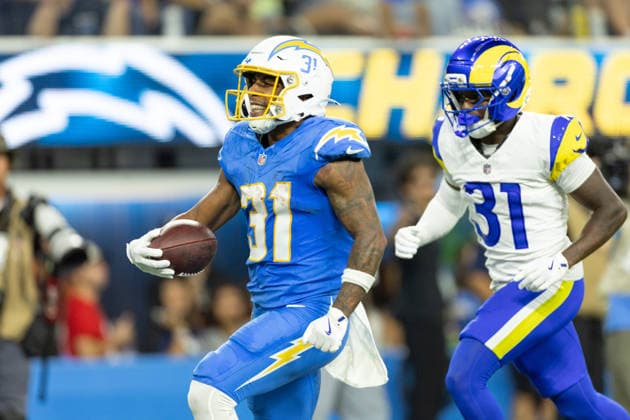 INGLEWOOD, CA - AUGUST 27: Greg Desrosiers Jr. 31 of the Los Angeles Chargers celebrates his touchdown during an NFL, American Football Herren, USA preseason game between the Los Angeles Rams and the Los Angeles Chargers on August 27, 2026, at SoFi Stadium in Inglewood, California. (Photo by Greg Fiore Icon Sportswire) NFL: AUG 27 Rams at Chargers EDITORIAL USE ONLY Icon2608272495