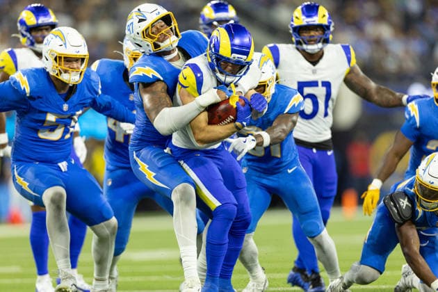 INGLEWOOD, CA - AUGUST 27: Jaylen Watson 35 of the Los Angeles Rams is brought down by Garmon Randolph 97 of the Los Angeles Chargers during an NFL, American Football Herren, USA preseason game between the Los Angeles Rams and the Los Angeles Chargers on August 27, 2026, at SoFi Stadium in Inglewood, California. (Photo by Greg Fiore Icon Sportswire) NFL: AUG 27 Rams at Chargers EDITORIAL USE ONLY Icon2608272795
