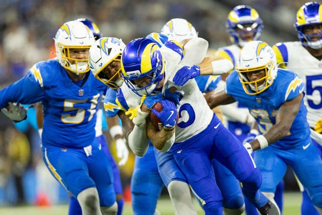 INGLEWOOD, CA - AUGUST 27: Jaylen Watson 35 of the Los Angeles Rams is brought down by Garmon Randolph 97 of the Los Angeles Chargers during an NFL, American Football Herren, USA preseason game between the Los Angeles Rams and the Los Angeles Chargers on August 27, 2026, at SoFi Stadium in Inglewood, California. (Photo by Greg Fiore Icon Sportswire) NFL: AUG 27 Rams at Chargers EDITORIAL USE ONLY Icon2608272797